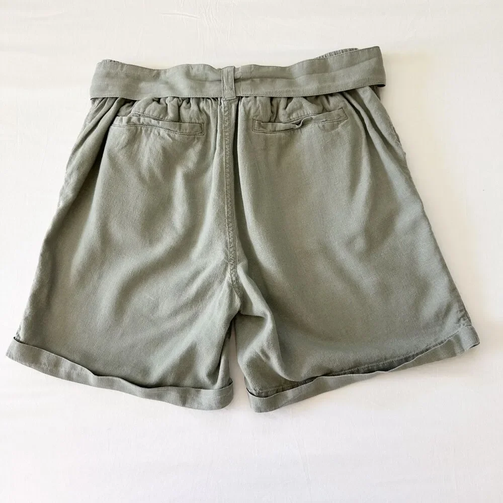 FatFace Linen Blend Shorts Womens US 6 Green Pistachio Tie Waist Cuffed Paperbag